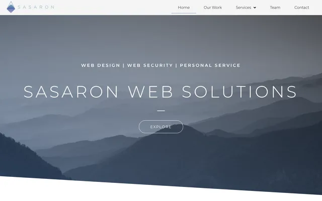 The old sasaron.com home page: a WordPress site with a full-screen mountain photo and an Explore button